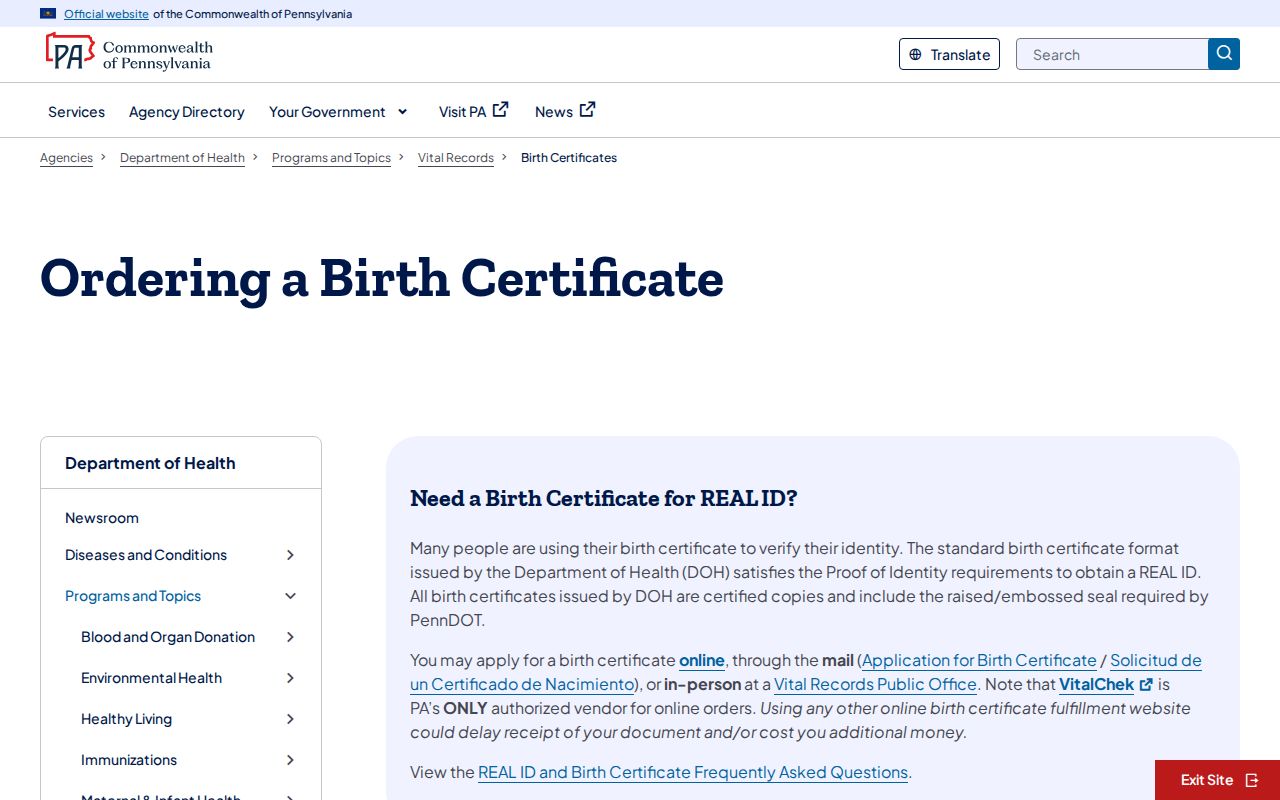 Bensalem Township residents directory Pennsylvania birth certificate access page