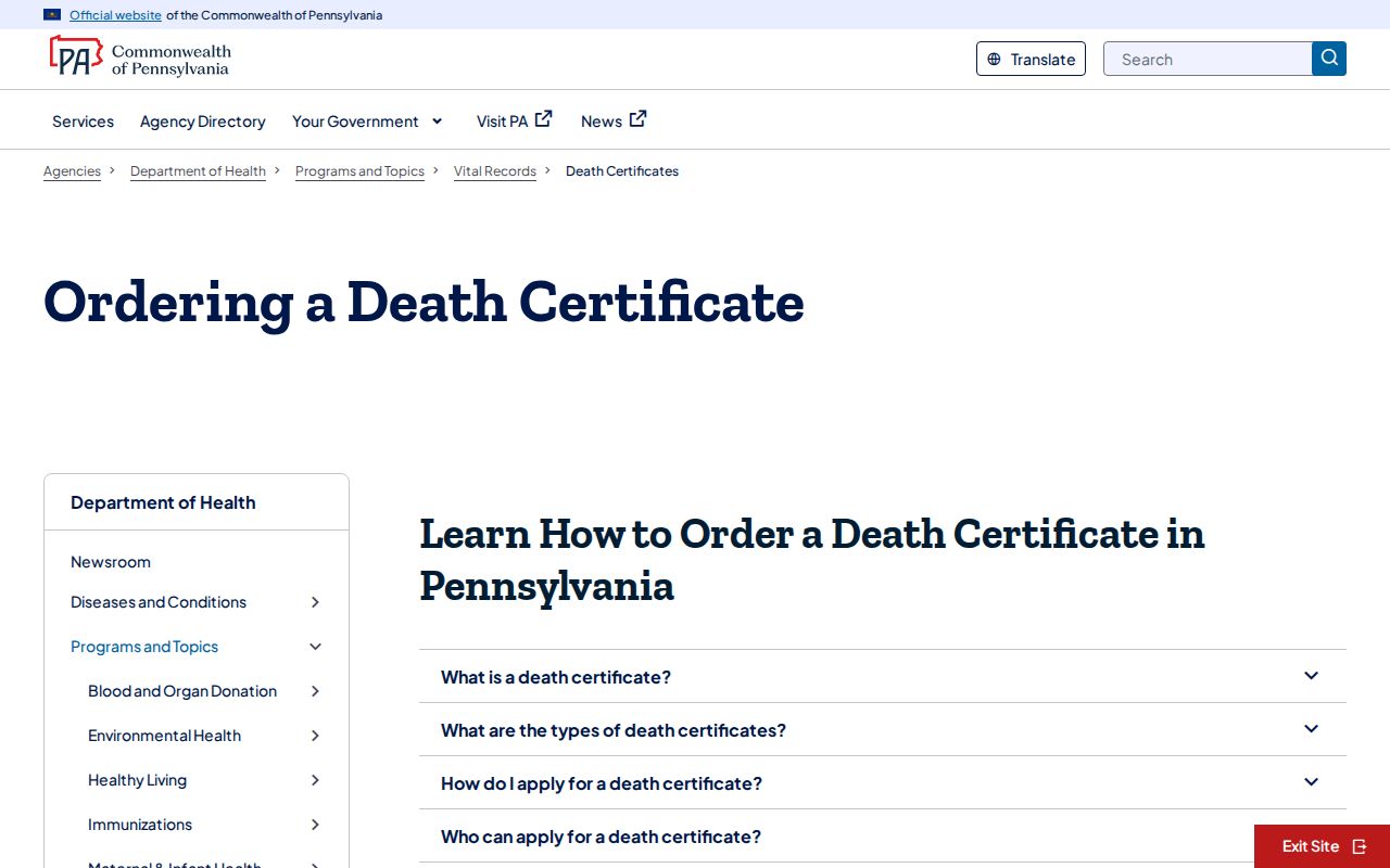 Bensalem Township resident lookup Pennsylvania death certificate eligibility page